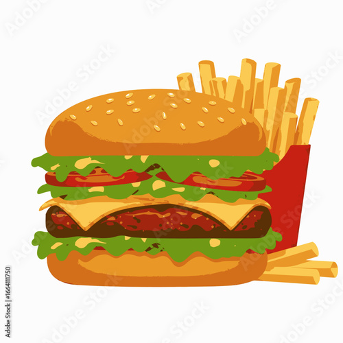 Classic American fast food combo meal with a juicy double cheeseburger and golden french fries. An icon of popular, satisfying junk food culture, isolated on a white background