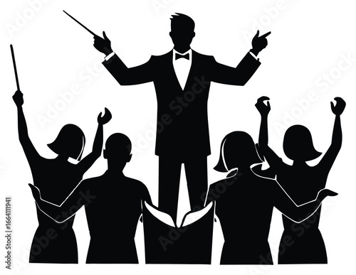 Orchestra conductor leading musical ensemble performing together in vector illustration