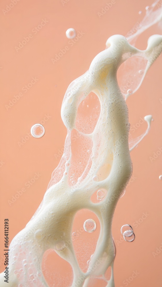 Fototapeta premium Abstract white foam splash with air bubbles on peach background