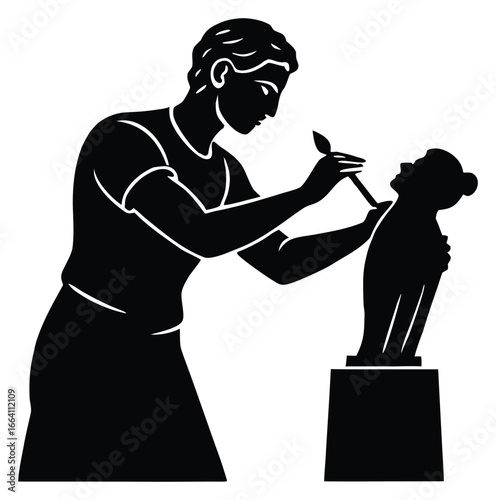 Sculptor at work carving a female bust with a chisel tool illustration