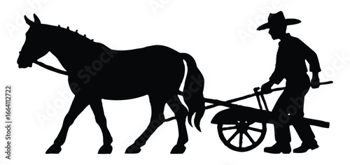 Silhouette of a farmer and horse plowing the land on a farm