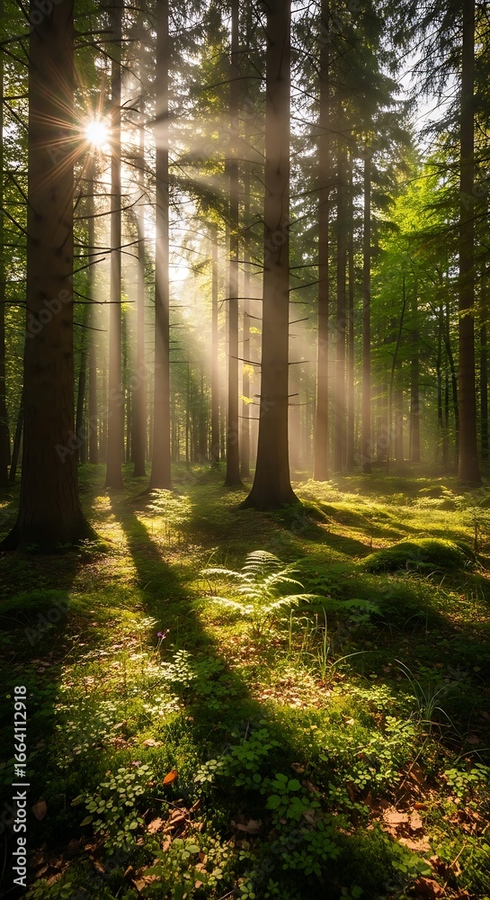 Fototapeta premium Sunbeams illuminating a lush green forest floor.