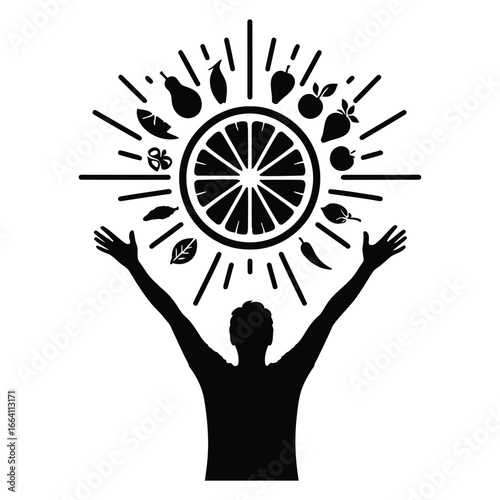 Nutrition coach celebrates healthy lifestyle with radiant fruit sun and uplifted arms 