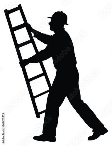 Silhouette of a worker carrying a ladder symbolizing construction or career progression