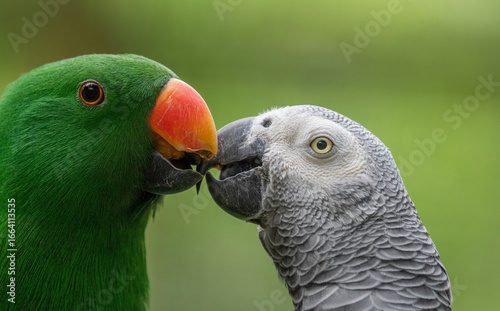 Photography The two birds are positioned so their beaks are touching, suggesting a gentle and intimate moment