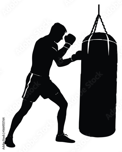 Silhouette of boxer training with a punching bag in a gym environment