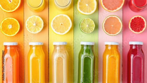 Assortment of colorful fruit juices and sliced citrus fruits