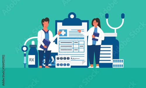 Doctor and nurse standing near medicine And Pharmacy concept