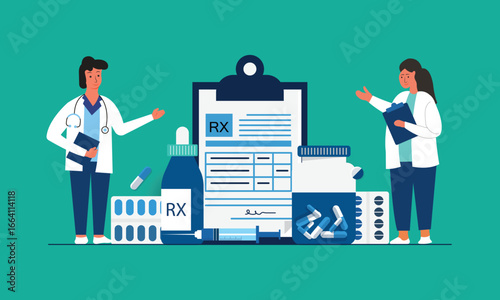 Doctor and nurse standing near medicine And Pharmacy concept