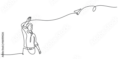 Continuous line art of a hand launching a paper airplane
