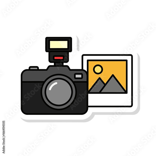 Digital camera illustration with flash alongside a scenic landscape photograph, symbolizing the art and concept of photography, capturing memories, and visual storytelling
