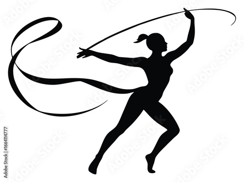 Silhouette of rhythmic gymnast with ribbon performing artistic gymnastic elements