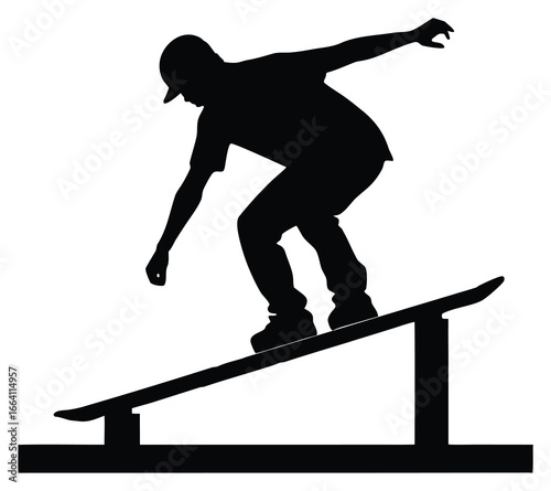 Silhouette of skateboarder performing a trick on a rail isolated on white background