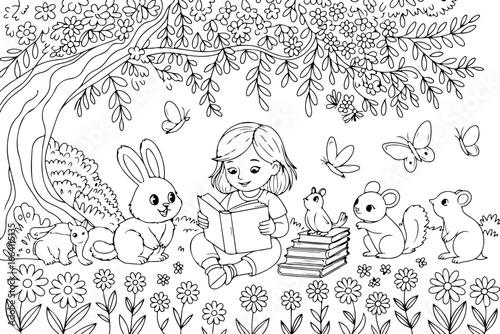Magical Forest Reading Time – Coloring Page"