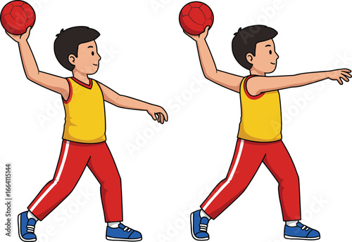 Illustration of boy throwing ball, handball action pose front and side view, sports movement cartoon, kids activity vector, physical education children drawing.