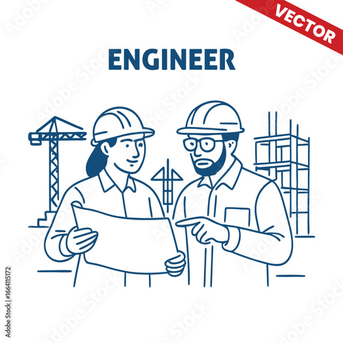 Engineers Collaborating on Site Plans with Construction Equipment - Outline Graphic Illustration