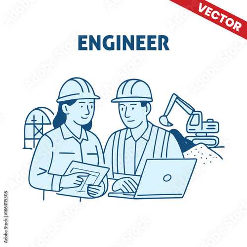 Engineers Working Together on Mining Site, Outline Graphic Illustration
