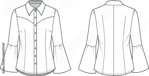 Women's bell sleeve shirt fashion flat sketch, technical drawing front and back view, stylish blouse design template, vector garment illustration for fashion designers.