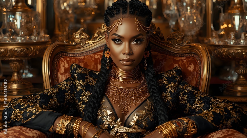 Fototapeta premium Elegant woman sitting on a luxurious golden throne wearing ornate jewelry and patterned attire, symbolizing royalty, power, fashion, wealth, luxury lifestyle and majestic sophistication