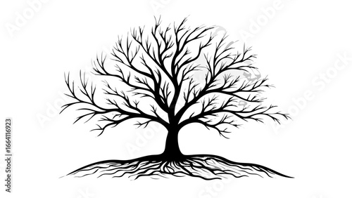 Silhouette of a bare tree with roots against a white background and a faint moon behind the branches