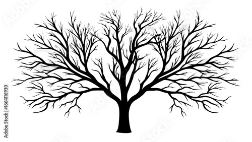 Silhouette of a bare tree with intricate branches against a white background in a stark black and white image