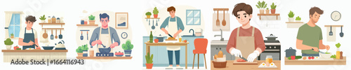 Flat Illustration Set Young Man Cooking and Preparing Meal in Kitchen