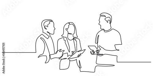 Continuous line drawing of a business team meeting and discussion
