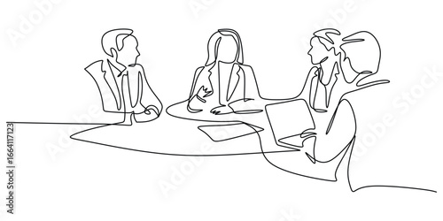 Continuous line drawing of a business team meeting at a round table