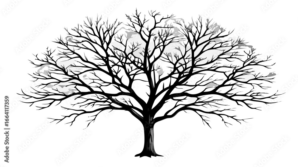 Obraz premium Silhouette of a bare tree with intricate branches against a white background in grayscale illustration