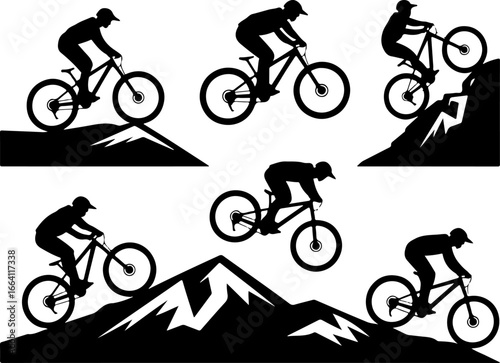 "Mountain Biking Action Silhouettes" Vector Bundle