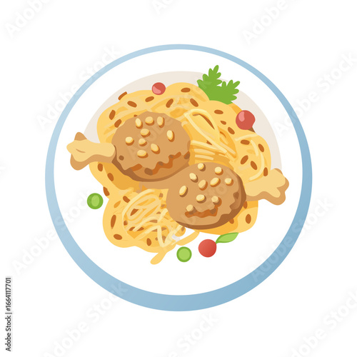 Stylized illustration of spaghetti and meatballs on a plate