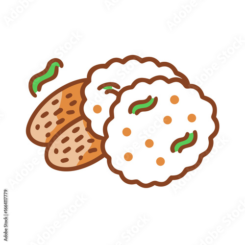 Stylized illustration of falafel balls and pita bread halves
