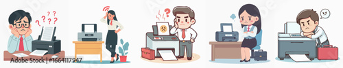 Flat Illustration of Unhappy Business People with Problematic Printer Machine Set