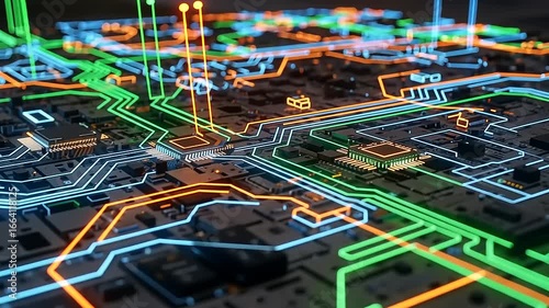 Vivid neon circuit board with glowing colorful electronic pathways high-tech digital technology