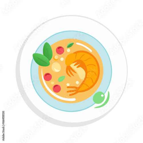 Flat lay illustration of Tom Yum soup with shrimp