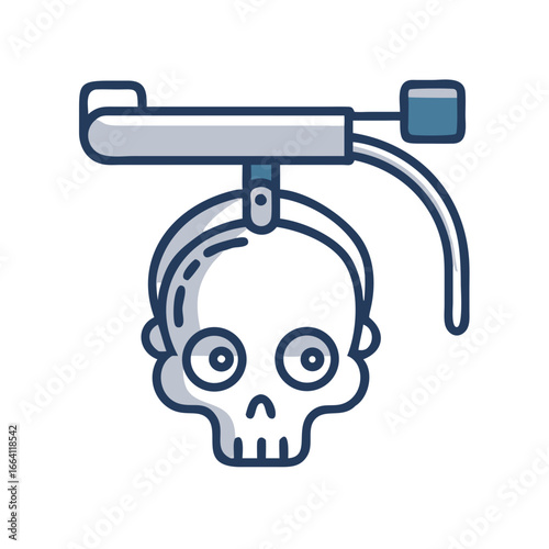 Skull hanging from a mechanism on a black background