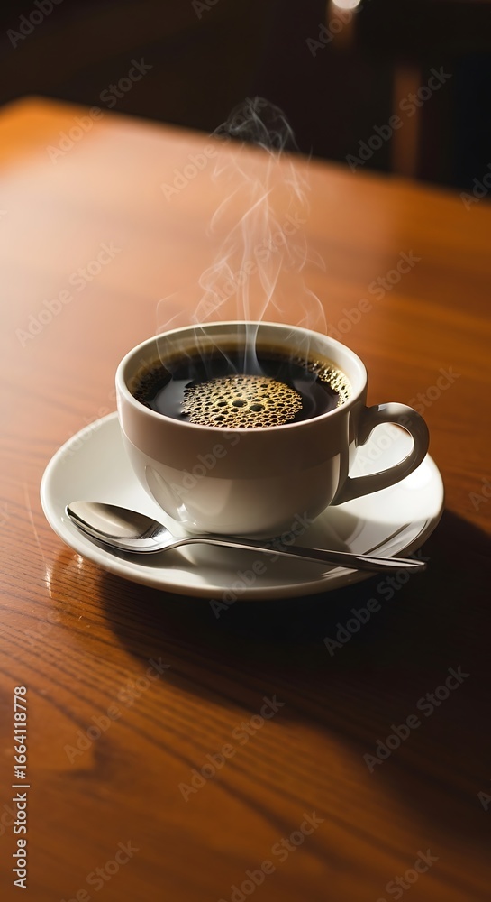 Obraz premium Steaming Coffee Cup on Wooden Table, Close-up View.