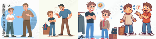 Cartoon Style Father Scolding Son and Solving Problems Flat Illustration