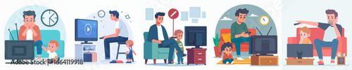 Cartoon Flat Illustration Diverse Father and Child Watching Television Together
