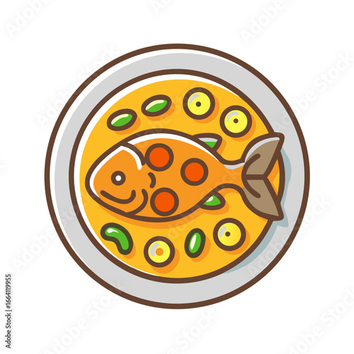 Cartoon fish in broth served on decorative dish