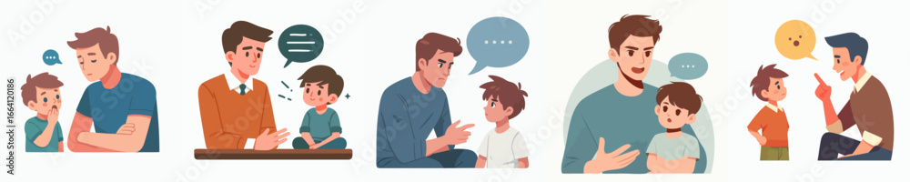 Obraz premium Cartoon Style Father and Son Communication Illustration Set with Speech Bubble