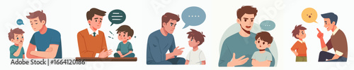 Cartoon Style Father and Son Communication Illustration Set with Speech Bubble