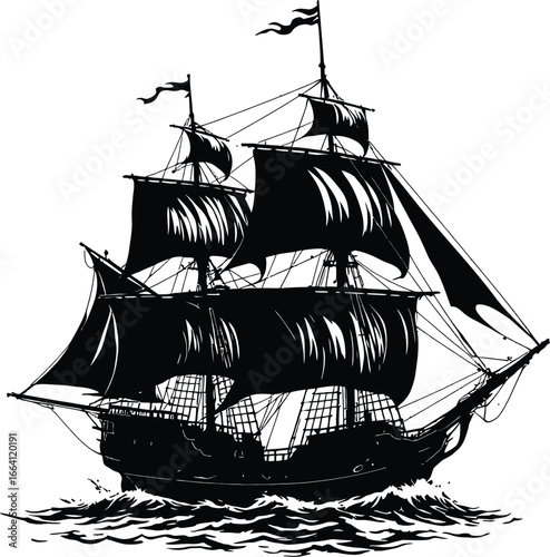 Vintage Sailing Ship Vector – Black and White Illustration of Classic Tall Ship with Billowing Sails and Stylized Waves
