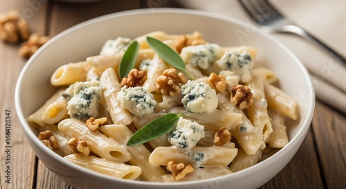 Creamy Penne Pasta with Gorgonzola Blue Cheese, Walnuts, and Sage.