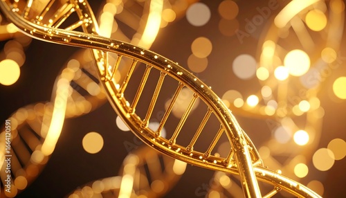 A detailed 3D render of a gold DNA double helix against a bokeh background