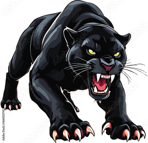 Black Panther Vector Illustration – Fierce Snarling Big Cat in Aggressive Pounce Pose for Tattoos, Mascots, and Apparel Design