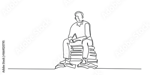 Continuous Line Drawing of a Person Sitting on a Stack of Books