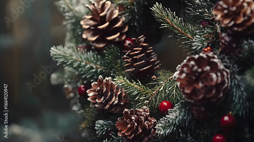 Decorated Pine Branch with Snow and Red Ornaments