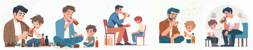 Cartoon Style of Father and Son Drinking Beverage Together Illustration