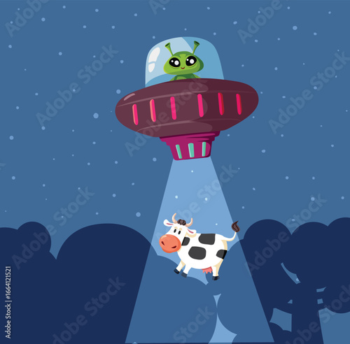 Alien Ship Abducting a Cow Funny Vector Illustration. Abducted domestic animal meeting extraterrestrial civilization 
